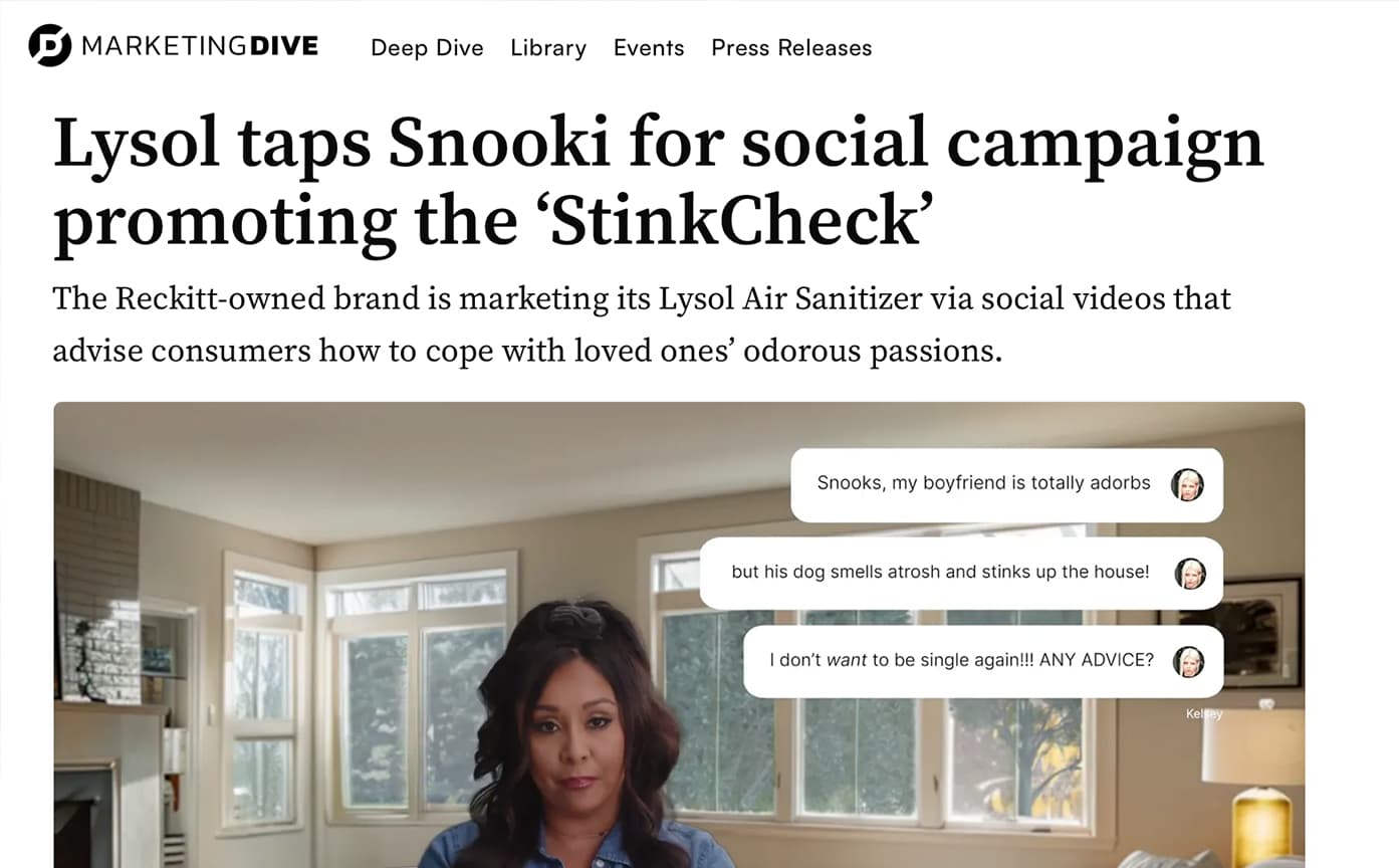 Cover Image for Marketing Dive: Lysol taps Snooki for social campaign promoting the ‘StinkCheck’