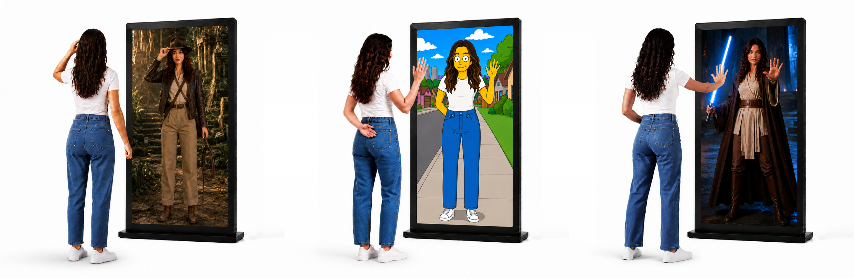 Guest previewing explorer, animated, and science fiction character transformations across three FitCheck mirrors