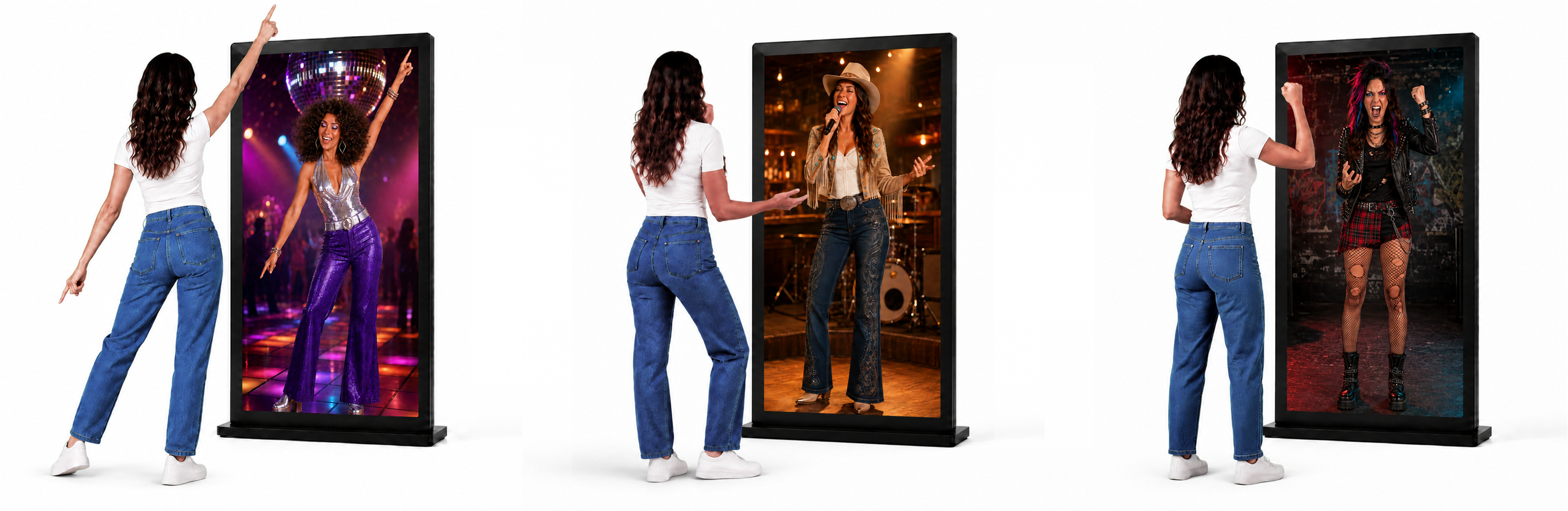 Guest previewing punk, western, and disco fashion transformations across three FitCheck mirrors